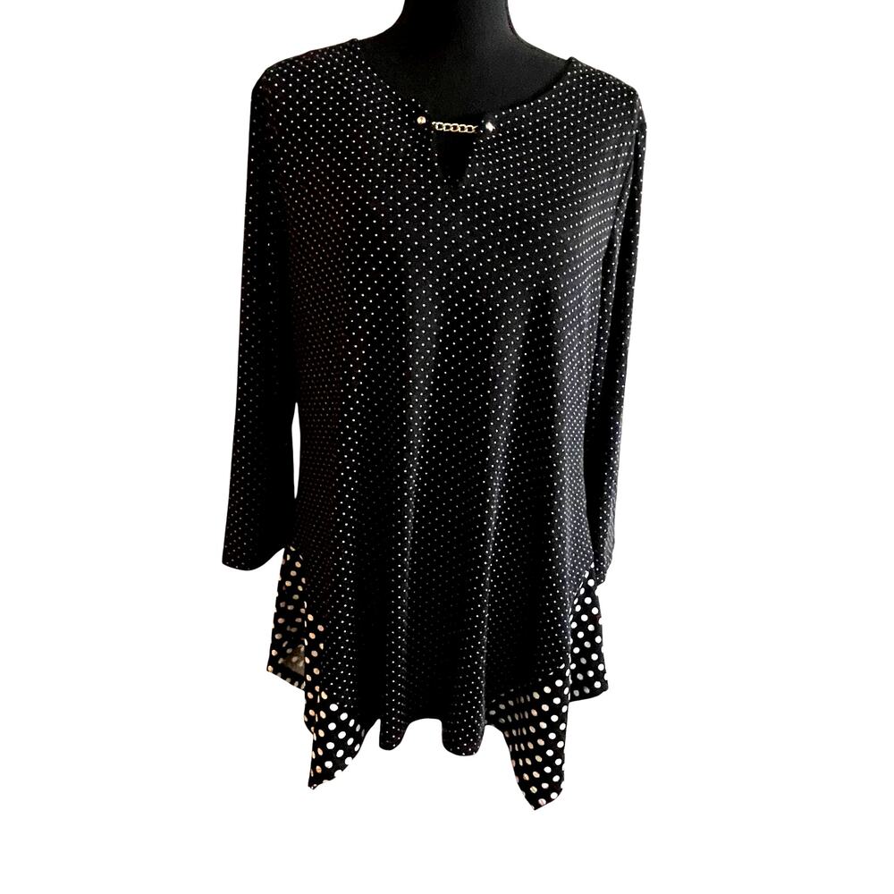 Zac & Rachel women's black polka dot tunic Large top asymmetrical hem L/S blouse